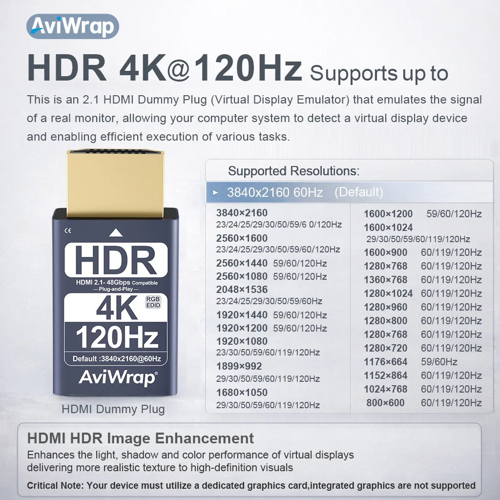 HDMI 2.1 더미 플러그 4K HDR, EDID 에뮬레이터 가상 디스플레이 어댑터, HDMI 헤드리스 어댑터, 4K/2K/1080P@30 60 120Hz 지원