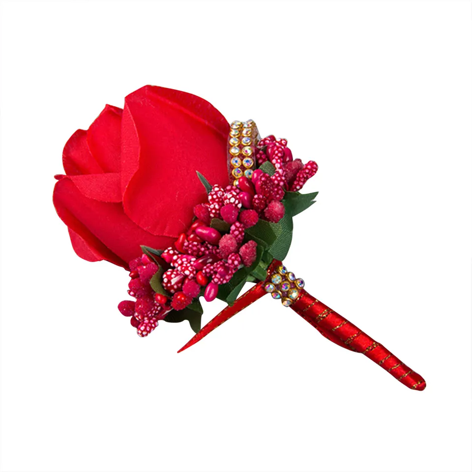 Set Di 2 Accessori Floreali Per Nozze: Boutonnière Uomo Con Rosa Rossa E Bracciale Donna Con Rose E Strass - Fiori Finti In Seta - 4
