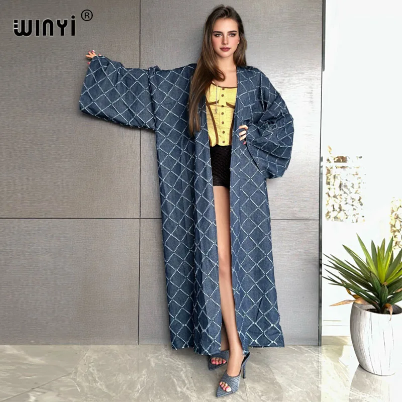 

WINYI Africa fashion coat for women Loose OverCoat autumn Checked jacquard denim long down coat swimsuit cover up winter kimono