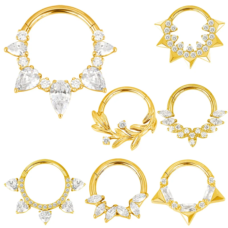 ASTM F136 Titanium EAR PIERC Nose Ring Teeth Tip CZ Ring Hoop Nose Rings Hinged Clicker Earring Ring factory Body Piercing