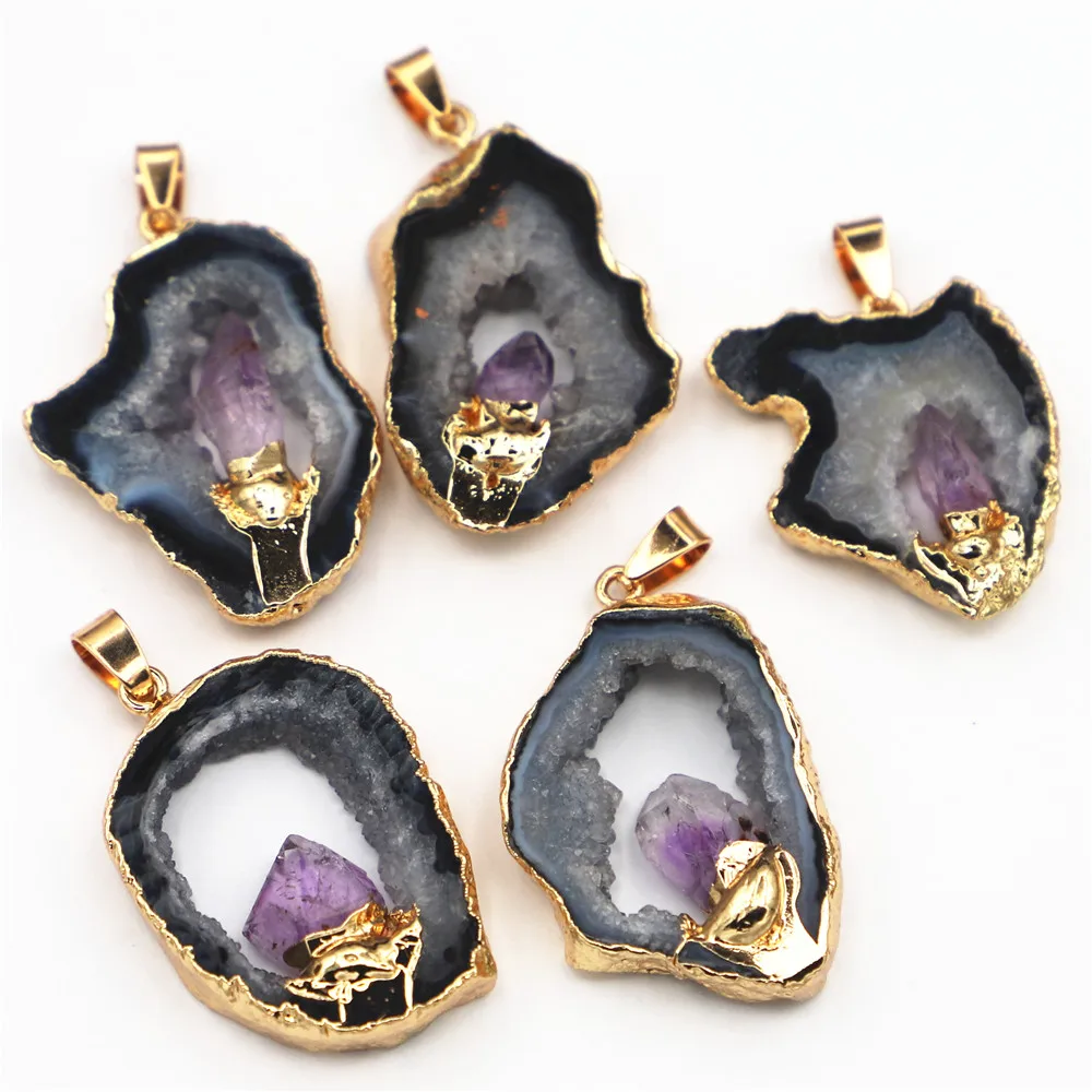 4PCS New Geode Black Agates Slice Druzy Pendants Inlaid Natural Amethysts Point Irregular Shape Stone Elegant Quartzs Jewelry