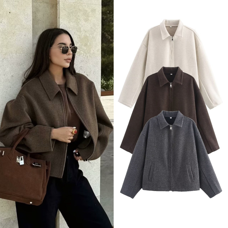European and American Women's Clothing Popular Retro Brown Zipper Long-sleeved Short Coat Imitation Material Short Coat Women