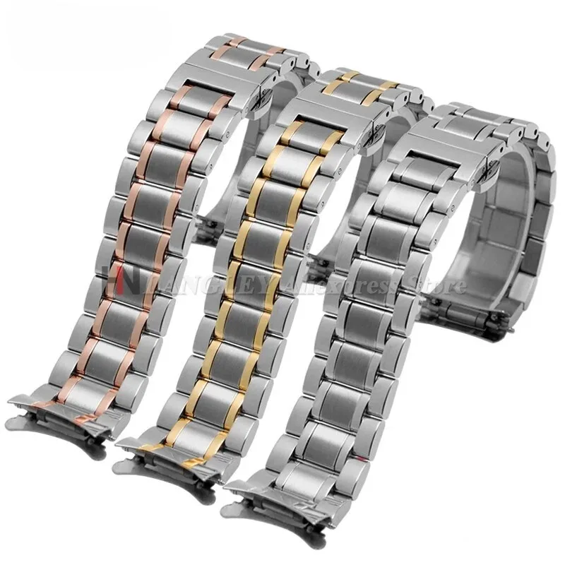 Elegant Curved End Stainless Steel Watch Strap with Butterfly Buckle