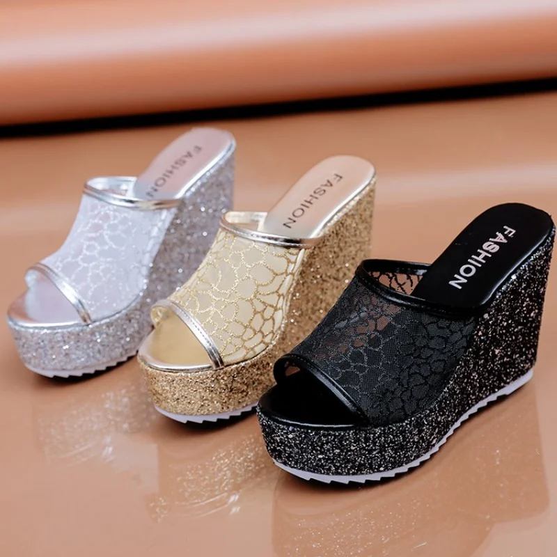 

Bling Golden Women Slippers Summer Shoes Platform(4cm) Outside Fitting-room 11cm High Heels Wedges Solid Mesh Female Slides