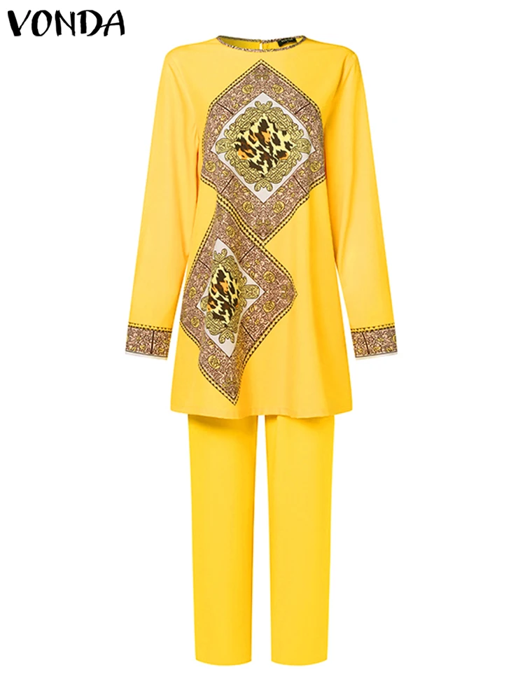 VONDA Women Elegant Pants Sets 2024 Vintage Printed Long Sleeve Tops High Waist Trousers Suits Female Casual Matching Sets 2pc
