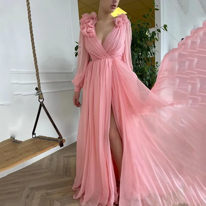Pink Puffy Long Prom Dresses 2022 Sexy Deep V-Neck Pleat Chiffon Formal Party Evening Gown Side Split Elegant Floor Length navy blue prom dresses