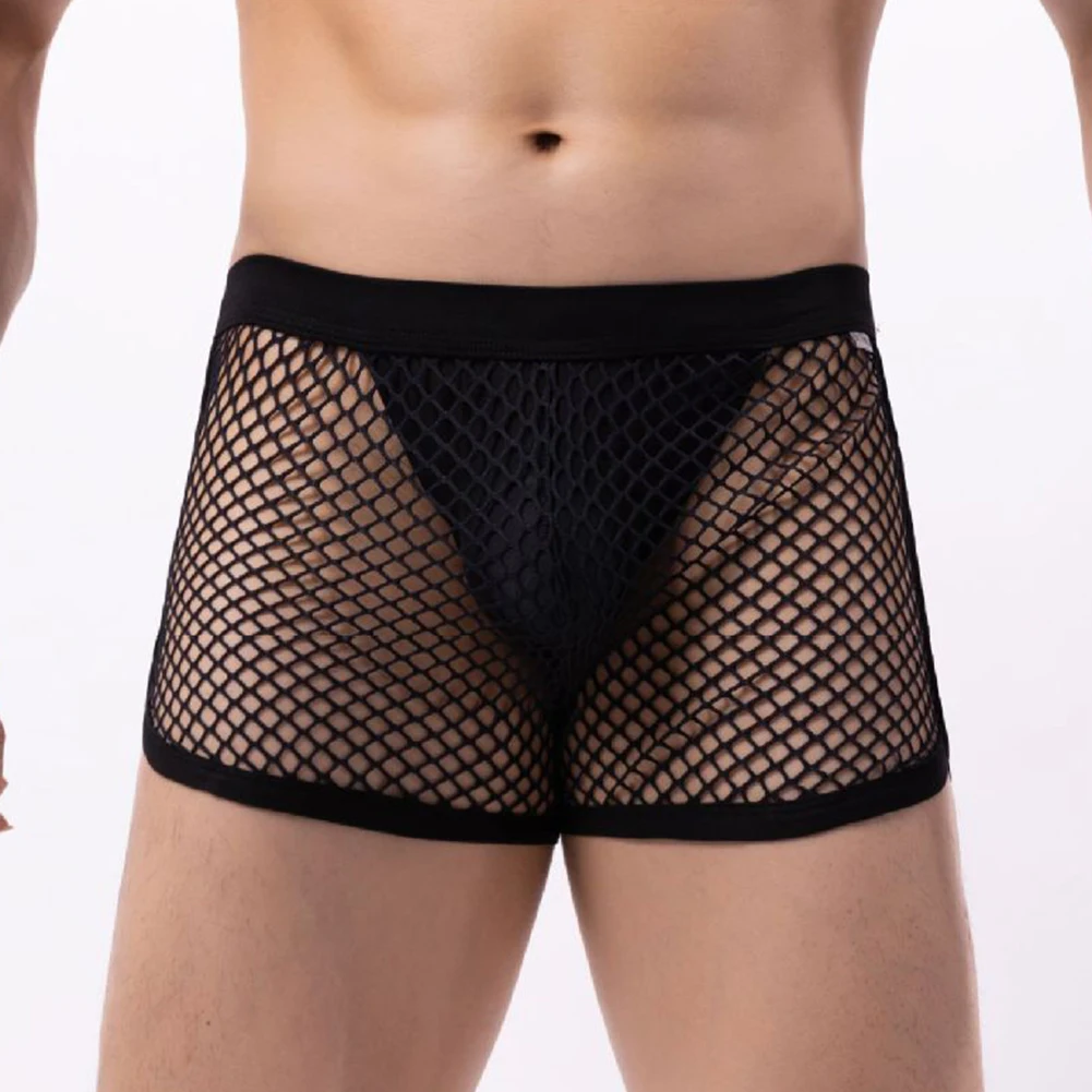 

Sexy Men Boxer Mesh Fishnet See Through Panties Low Rise Bikini Underwear Solid Gay Man Trunks Bretahble Erotic Lingerie