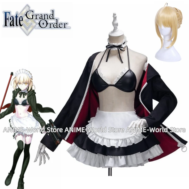 Косплей-костюм аниме Fate/Grand Order Arutoria Pendoragon, черное платье саблей горничной, сексуальная форма, парик, костюм на Хэллоуин Косплей-костюм аниме Fate/Grand Order Arutoria Pendoragon, черное платье саблей горничной, сексуальная форма, парик, костюм на Хэллоуин