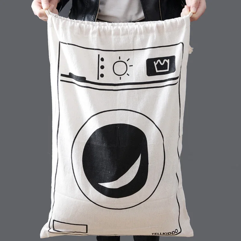 Large Cotton and Linen Laundry Bag Clothes Toys Storage Bag Printing Fabric Drawstring Duffle Bag Dirty Clothes Organizer Bags