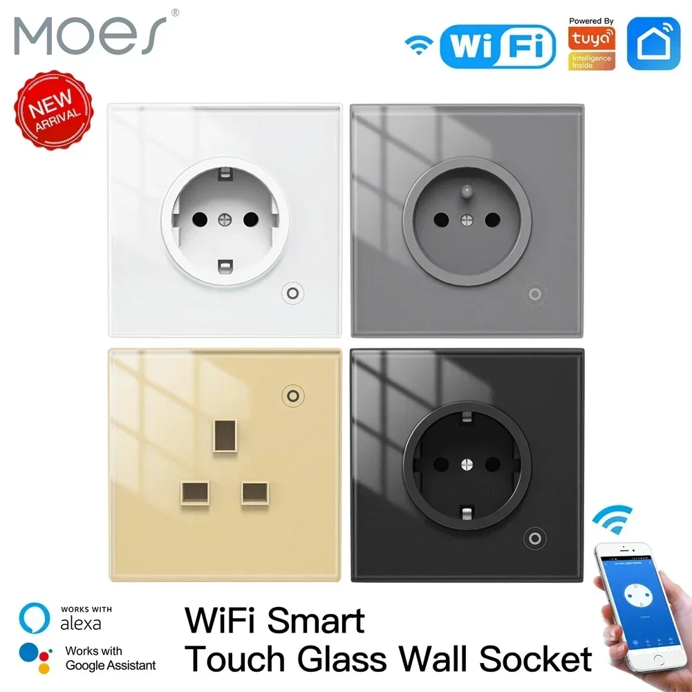 WiFi Tuya Smart plug Glass Panel Outlet Power Monitor Touch Plug Relay Status Light Mode Adjustable Smart Life App Alexa