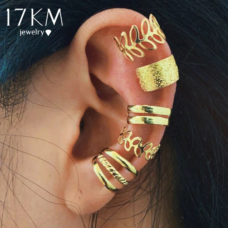 Ear Clip Earrings Clip Earrings Ear Clip 17KM Gold Color Leaves Ear Cuff Black Non-Piercing Ear Clips Fake Cartilage Earrings Clip Earrings For Women Jewelry