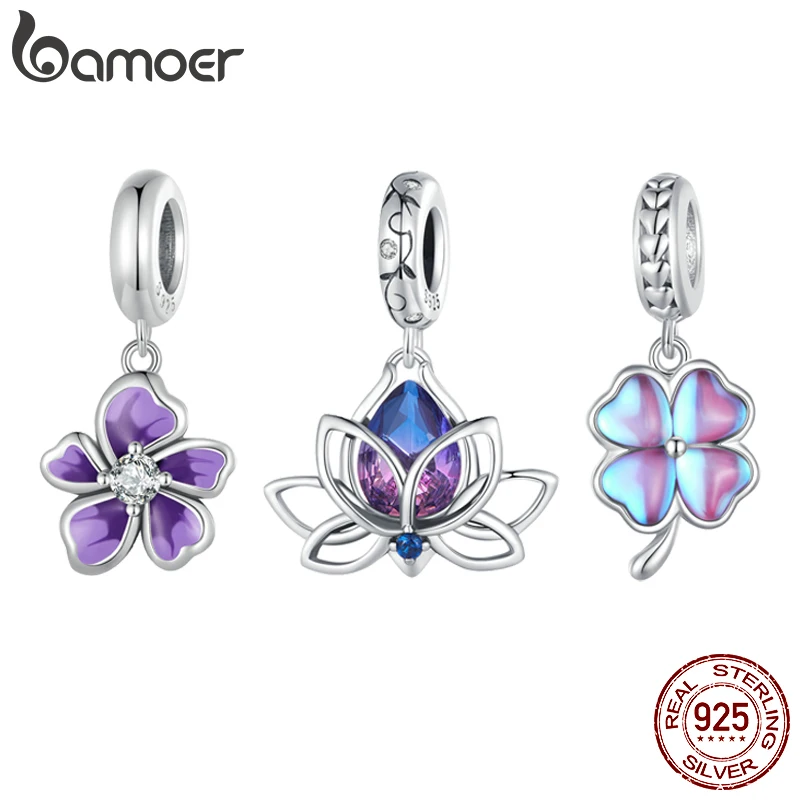 

Bamoer 925 Sterling Silver Four-Leaf Clover Pendant Charms Purple Flower Beads for Women Bracelet DIY Finr Jewelry