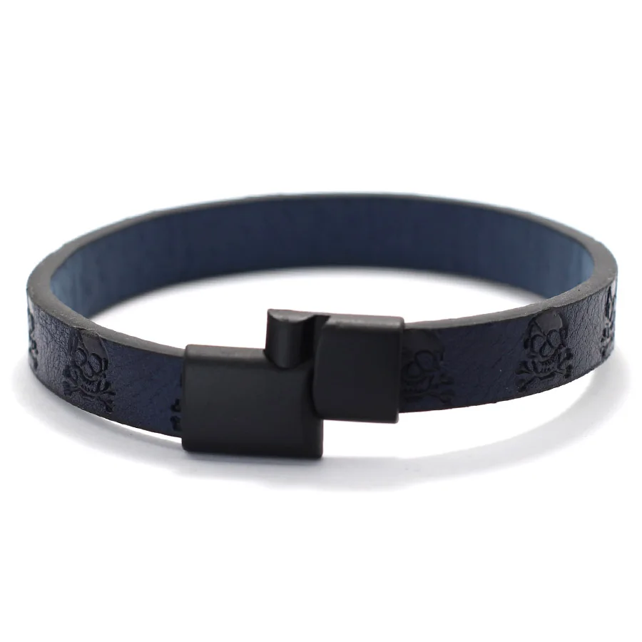 Leather Gothic Skull Men Bracelet with Magnetic Buckle