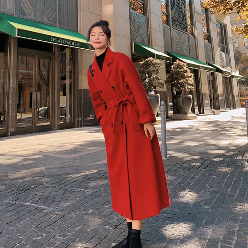 Red Fashionable Woolen Coat Women's Autumn and Winter 2024 Temperament Mid-length Thick Woolen Long-sleeved Women's Jacket Trend
