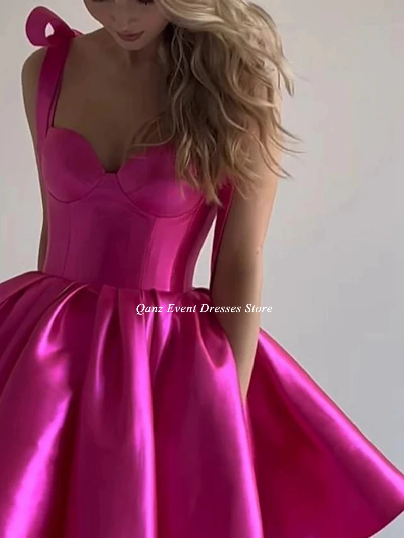 Qanz Short Evening Dresses Prom Gowns Sweetheart Detachable Spaghetti Straps Bow Mini Club Party Dresses Vestidos De Gala women prom dresses