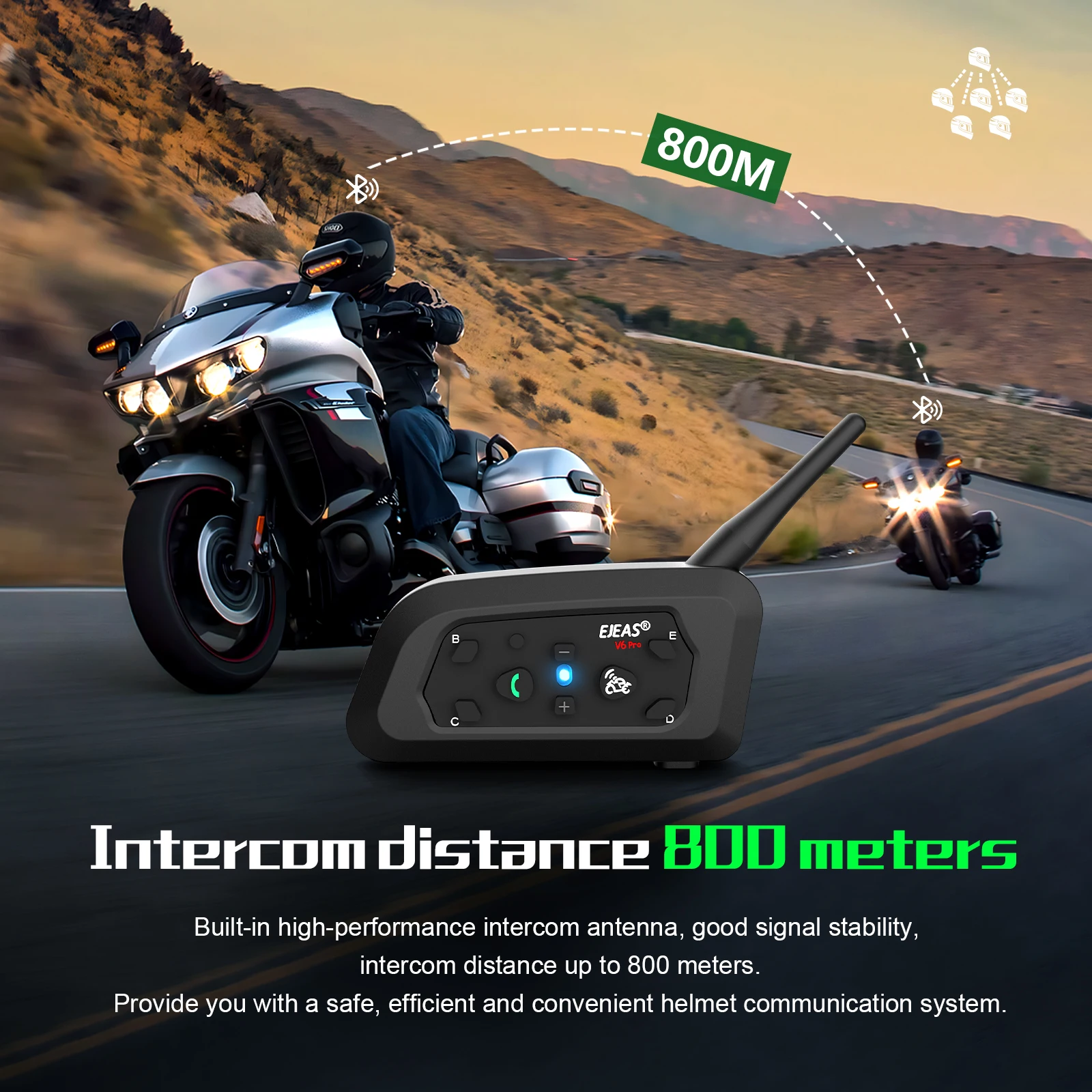 EJEAS V6 PRO Motorcycle Intercom Helmet Bluetooth Headset 6 Riders BT Interphones 800M Communicator Waterproof Noise Reduction