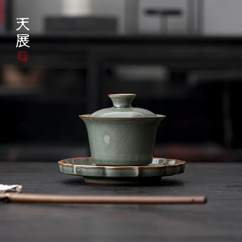Ceramic Sancai Gaiwan Handmade Crackle Glaze Tea Cups Chinese Tea Bowl Teaware Set Cup Home Decor Gongfu Tureen