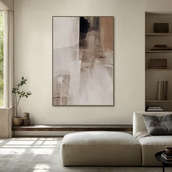 Arte della parete su tela astratta neutra, pittura murale minimalista strutturata marrone senza cornice, immagini di decorazioni murali per camera da letto nordica del soggiorno