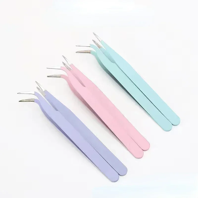 스테인리스 스틸 컬러 직선 + 곡선 핀셋 네일 아트 스티커 라인스톤 픽업 도구 속눈썹 메이크업 DIY 핀셋 도구