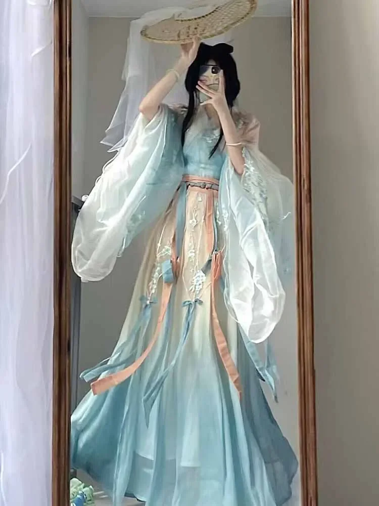

Hanfu Dress Women Chinese Traditional Embroidery Hanfu Female Carnival Cosplay Costume Gradient Blue Hanfu Dress Plus Size
