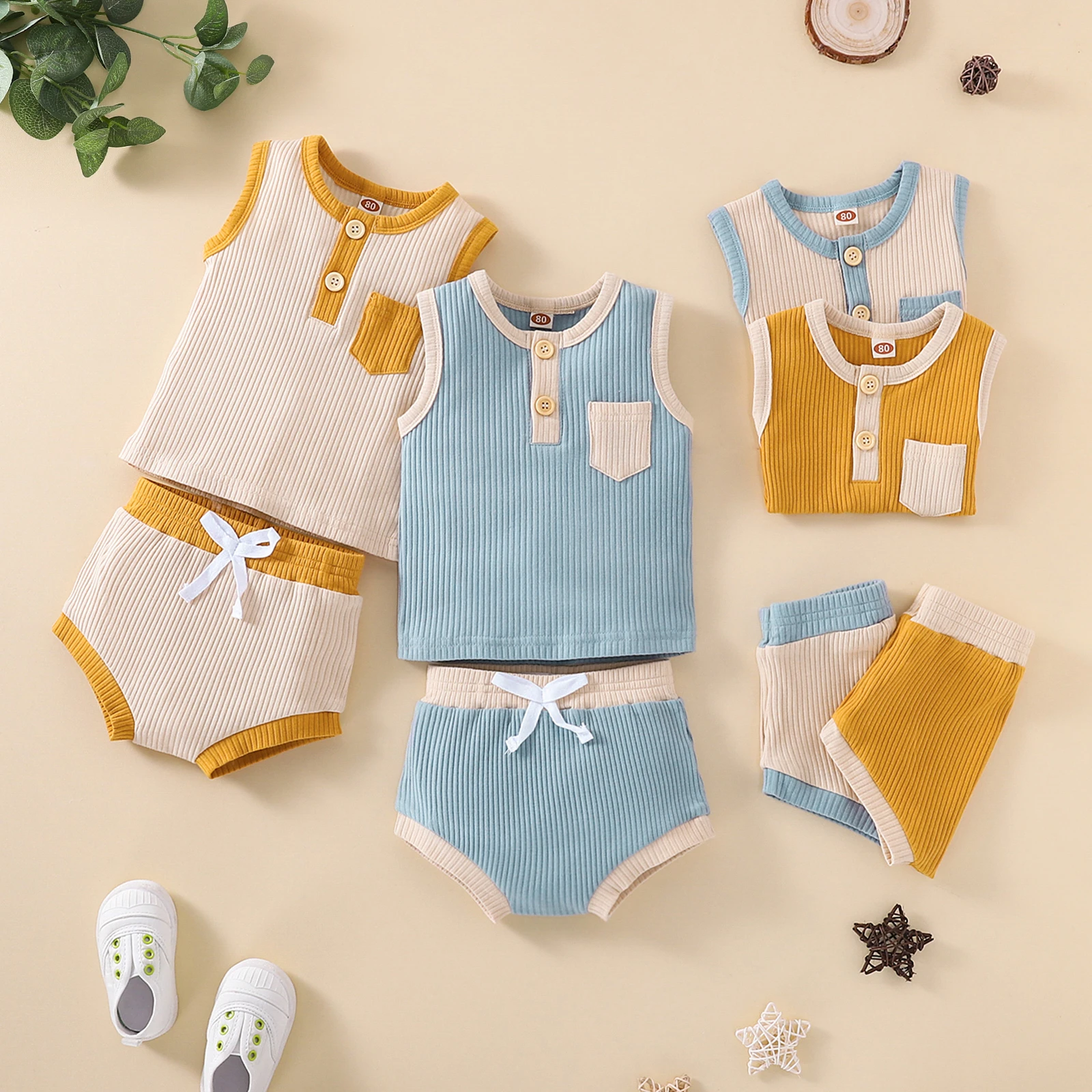 Baby Clothing Set best of sale Summer 2022 Infant Boys Girls Suit Sleeveless Pocket Patchwork Top Bandage Triangle Shorts 2pcs Baby Clothing baby outfit matching set