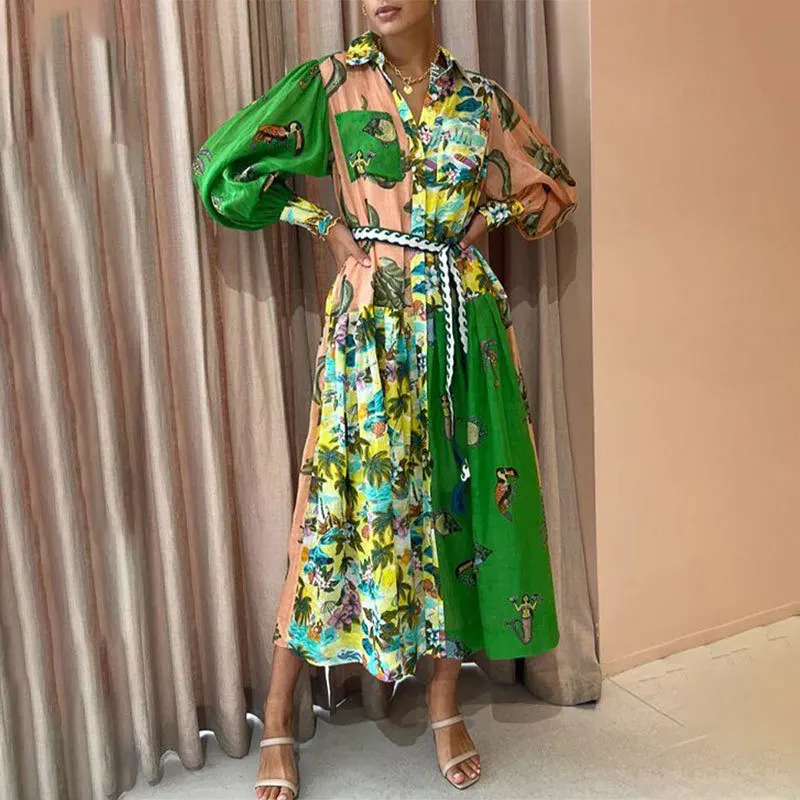 Feminino retro impresso a linha vestido longo elegante lanterna manga lapela camisa plissado vestidos de festa feminino primavera grande bainha vestido 29 Sb277eb9ea3b443c08d362488cf77ccfcD