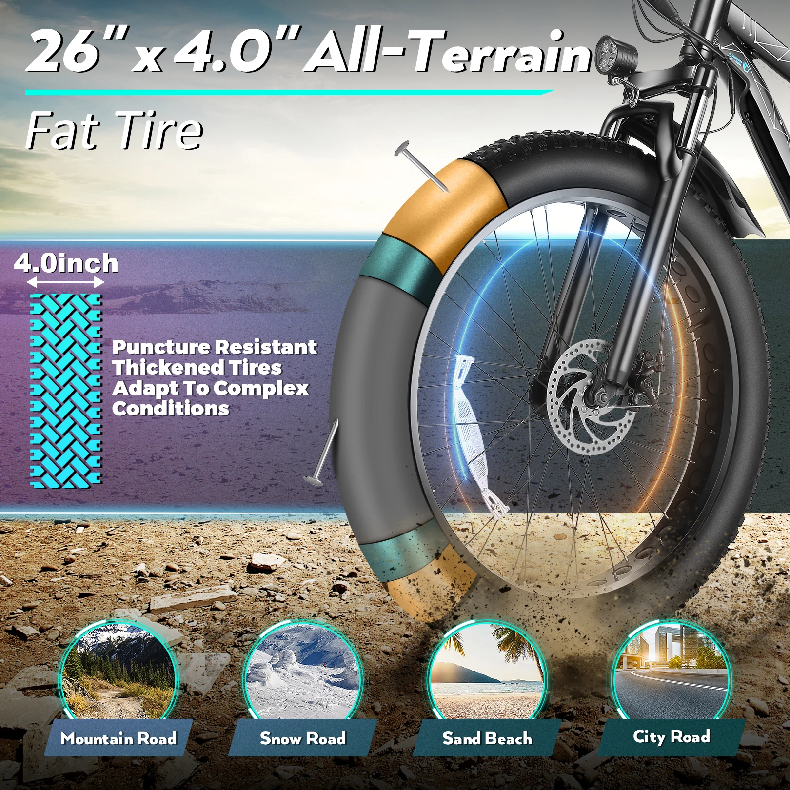26" x 4.0 Fat Tire Electric Bike 500W Motor 48V 13Ah Removable Battery 7 Speed 25MPH Cruise Control Up to 50 Miles