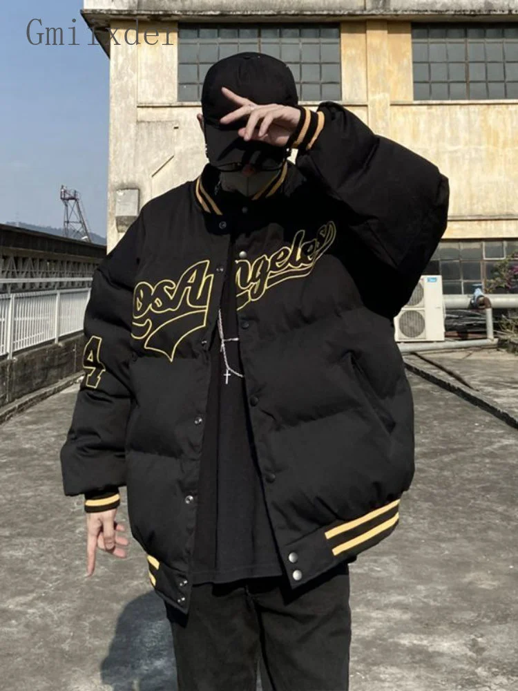 

Winter Bomber Jacket for Men Women Fashion Oversize Padded Baseball Uniform American High Street Button Thicken Coat