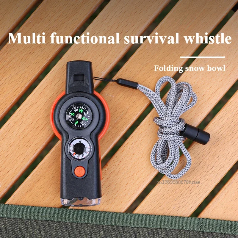 7-in-1 Multifunctional Whistle Outdoor Camping Survival Whistle with LED Light Thermometer Compass Hiking Travel Accessories