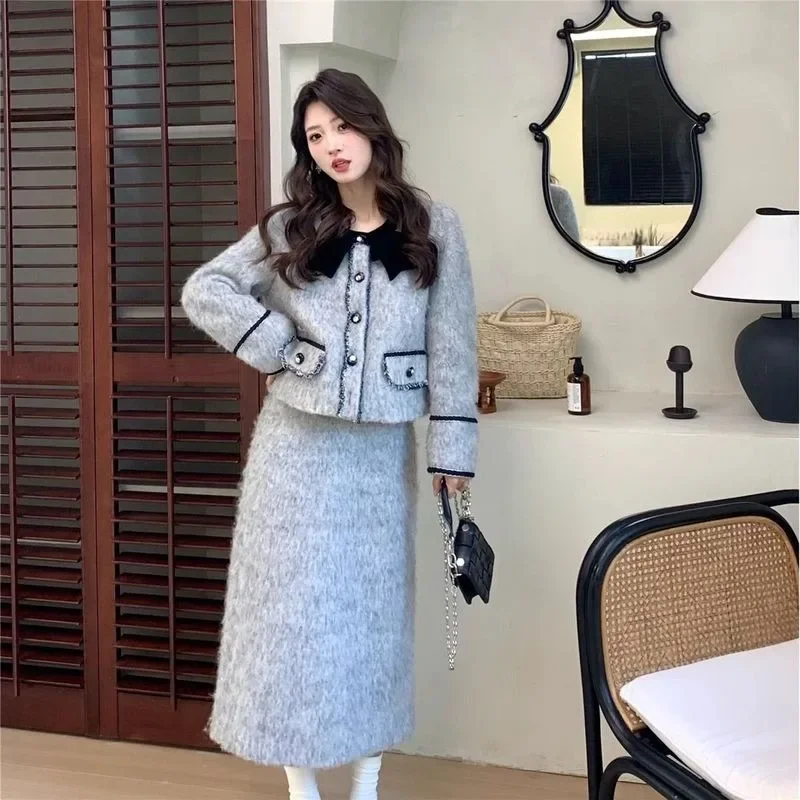 

UNXX Small Fragrant Wind Suit Female Spring Autumn Western-style Celebrity Age Reduction Bow Tie Short Jacket Skirt 2-piece Suit