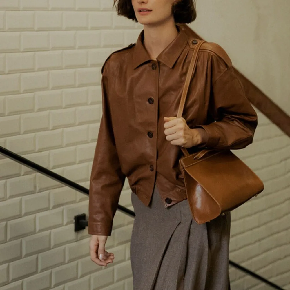 

Women's Casual Turn-down Collar Llong-sleeved Trench Coat Top Female French Vintage Jacket PU Leather Jacket Spring and Autumn