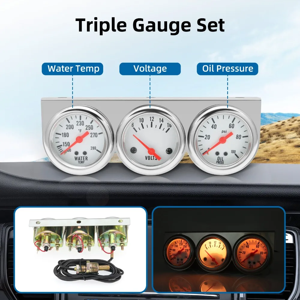 3 IN 1 Triple Gauge Set Water Temperature Voltage Oil Pressure Gauge