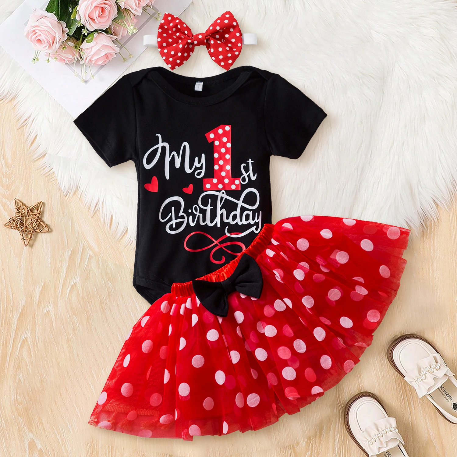 3Pcs Baby Girl 1st Birthday Dress Sets Short Sleeve Top & Polka Dot Skirt & Bow Headband Newborn Outfit Minni Cosplay Dress girls dress baby girl dress