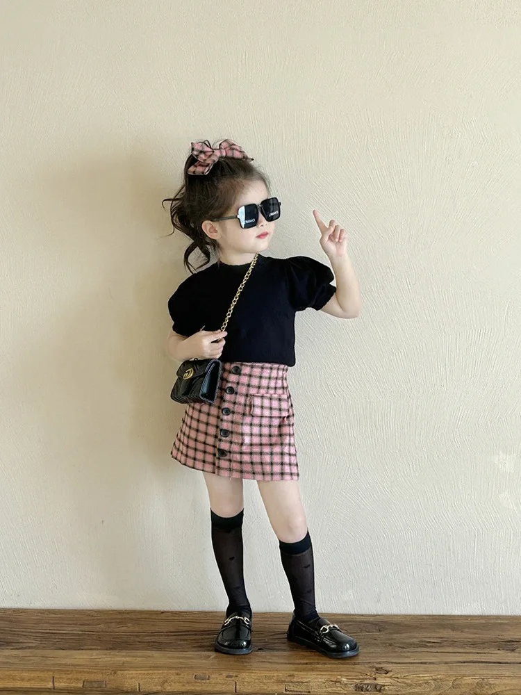 

Girls' Suit Summer Clothing New Sweet Lady Doll Shirt+Plaid Skirt2Set Children One Piece Dropshipping