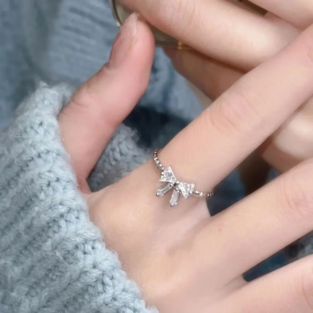 Romantic lovely bowknot rings female girls jewelry ring with shiny bow tie zircon for party dating lovers gifts