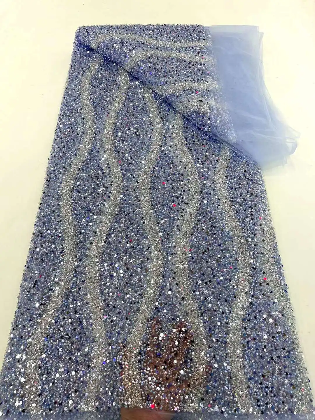 

Beads Lace Fabric Luxury Sequence Lace Fabric 2024 High Quality Sky Blue Sequins Lace Fabrics For Party Dresses