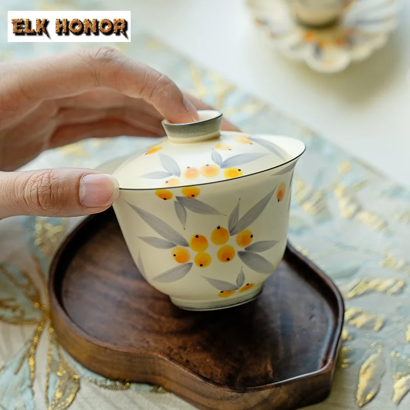 125ml Hand-painted Loquat Cover Bowl Zen Ercai Tea Tureen Boutique Ceramic Gaiwan Vintage Tea Brewing Cafes Gift Teaware Crafts