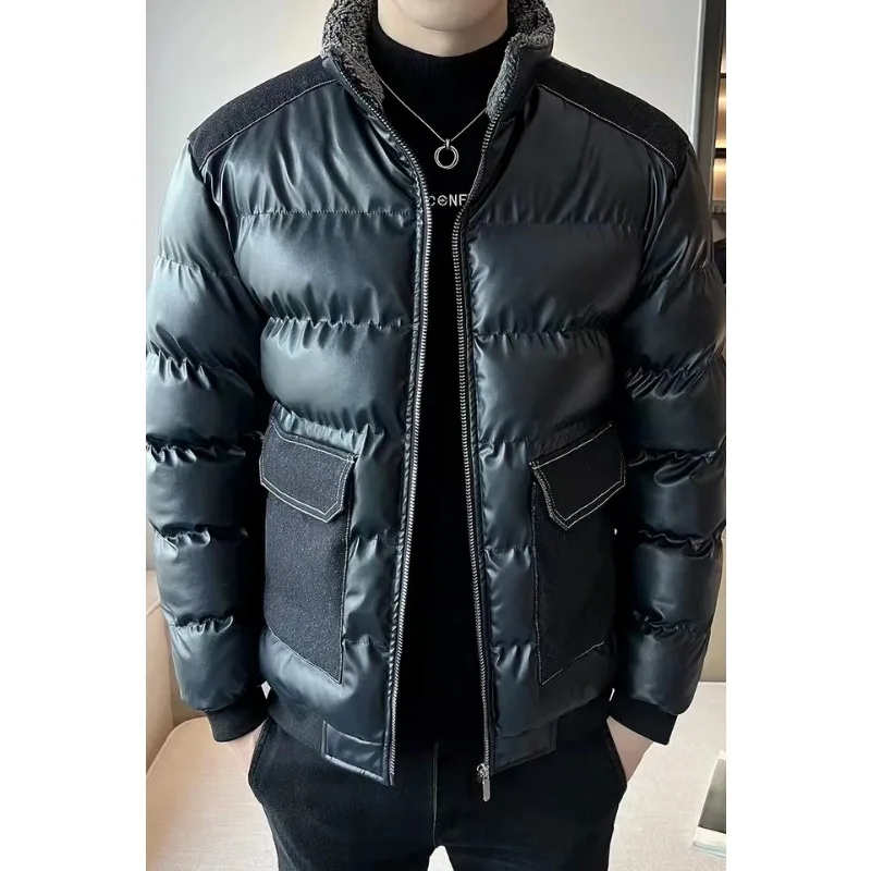 High Quality Brand Autumn Winter Coat Men Leather Jacket Thick Windproof Parka Big Pockets Stand Collar Warm Solid Puffer Jacket
