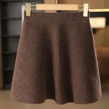 Women’s Wool Skirt Autumn Winter Elastic Waist Mini A-Line Cashmere Skirt Wool Knitted Above Knee Preppy Style Warm Short Skirts 1