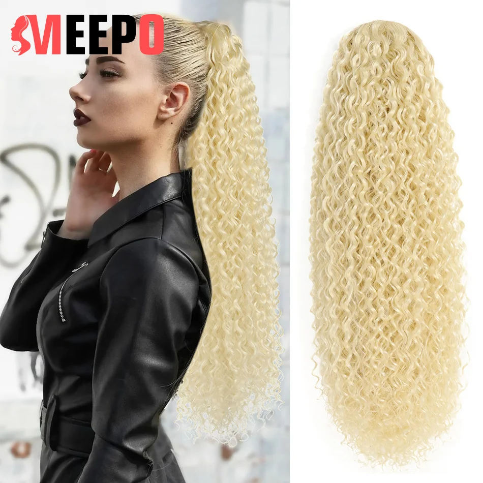 MEEPO Long Curly Synthetic Chip In Hair Extension Ponytail Hairpiece 26Inch Blonde Kinky Curly Pony Tail Wig  For Women