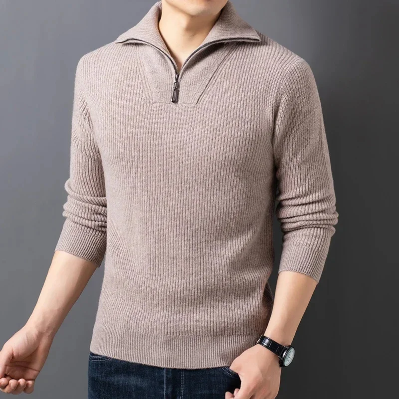 thumbnail image 1 of Suéter de lana pura espesa para hombre, de invierno, con media cremallera, cuello alto, tendencia jacquard, tejido de punto, camisa cálida, 1 of 4