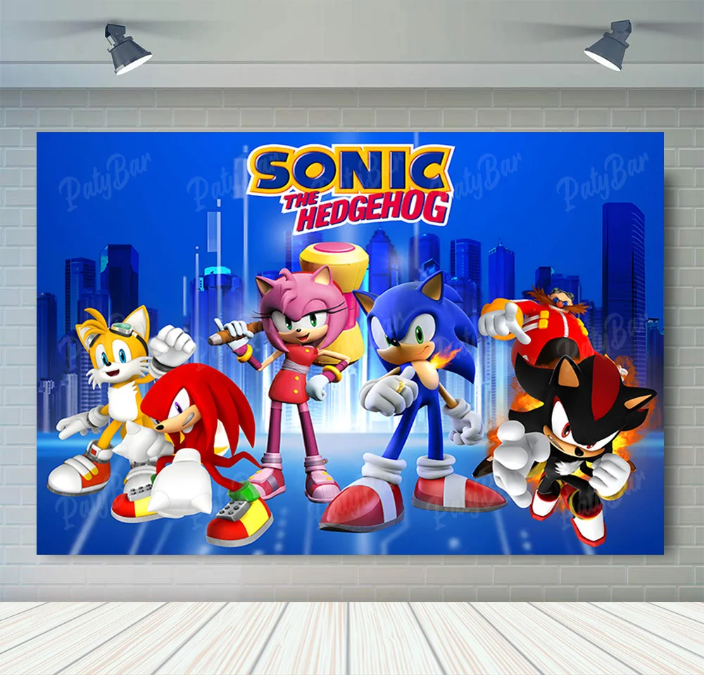 thumbnail image 1 of Fondo de fotografía de Sonic, el erizo de velocidad, héroe corredor, fondo de fotografía de dibujos animados para cumpleaños de niños, accesorios de vinilo de poliéster rojo y azul, 1 of 5