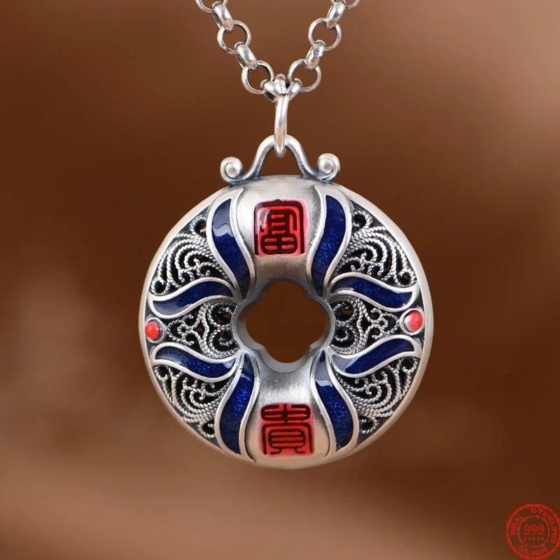 

S999 Sterling Silver Pendants for Women Men New Fashion Enamel Hollow Pattern FuGui Letter safely Amulet Jewelry Free Shipping
