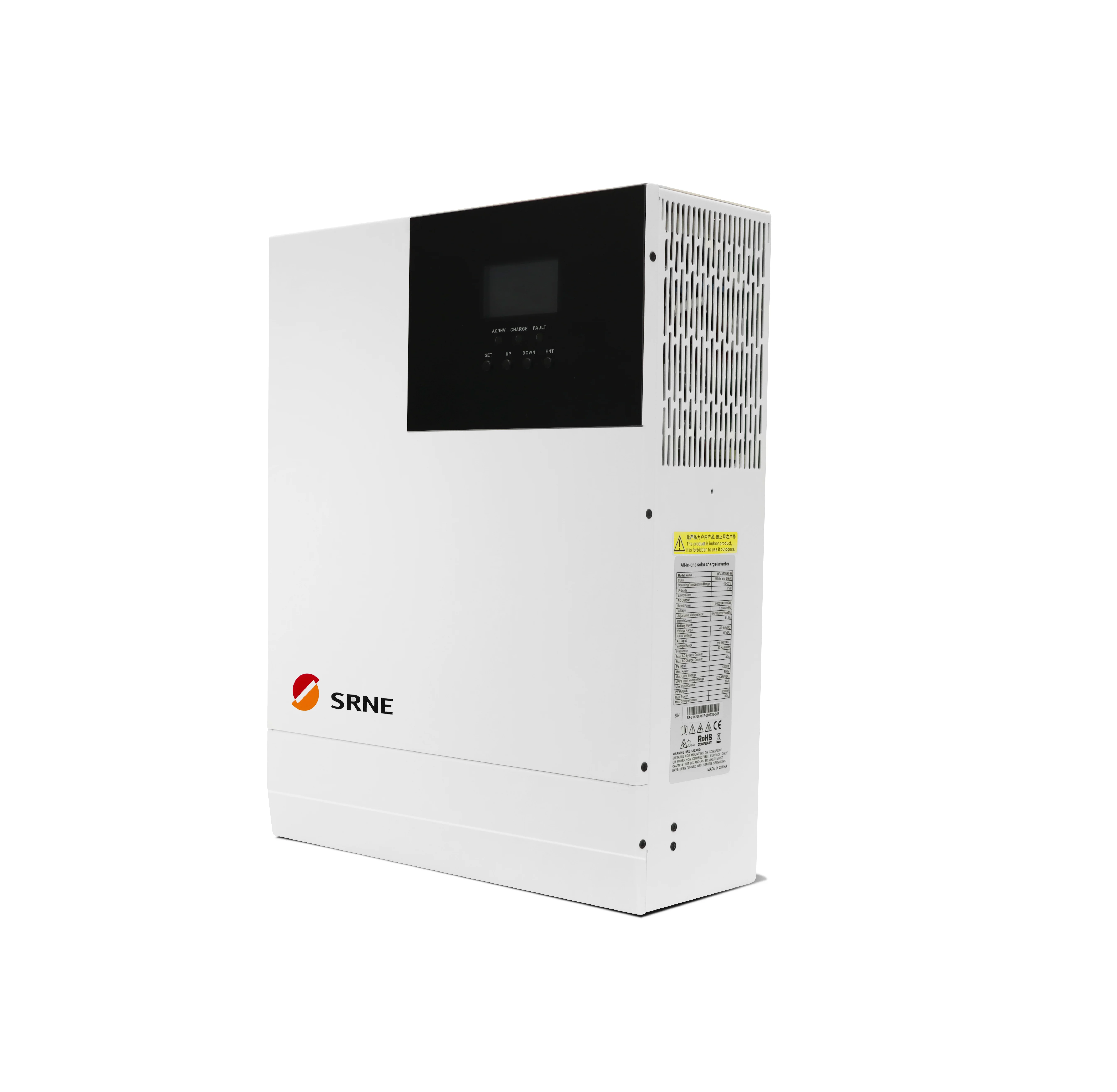 SRNE 5000W 48V Hybrid Inversor, Indoor use only; all-in-one solar charger inverter with cautionary warnings about overheating, shock, and fires.