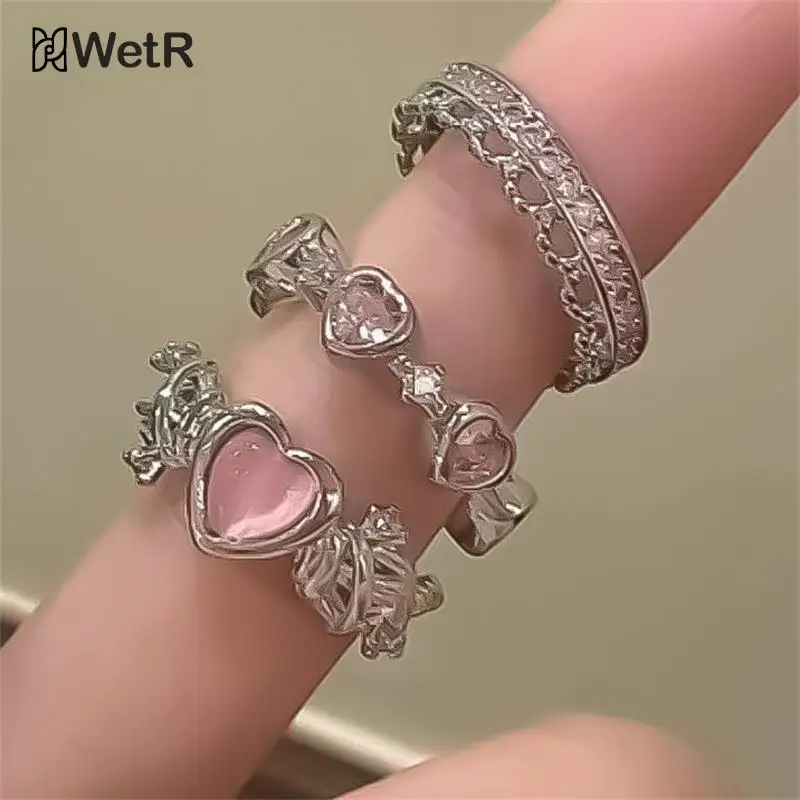 Y2k Pink Crystal Rings For Women Girls Heart Bowknot Ring Butterfly Finger Ring 3pcs/Set Romantic Fashion Party Jewelry Gifts 2