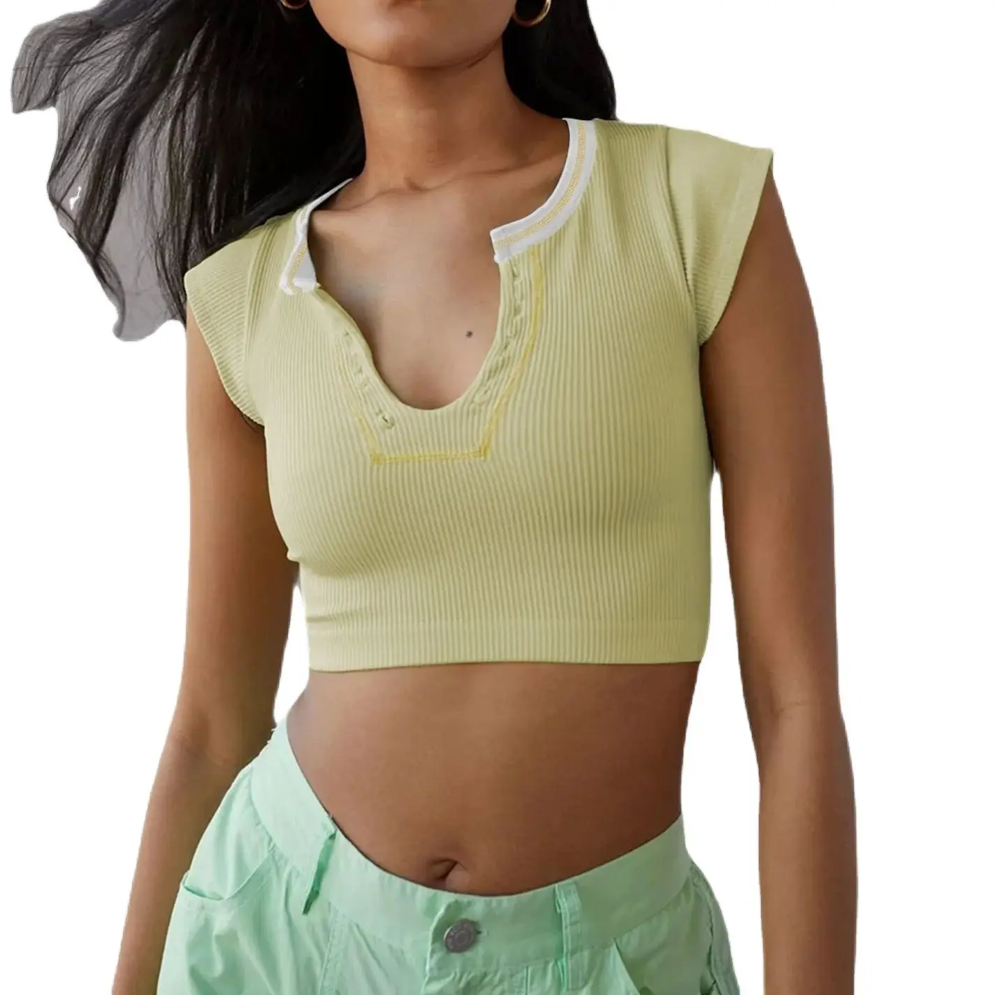 

Women's Slim Fit Ultra Short Sexy Spicy Girl Top Knitted Thread Spring and Autumn Underlay T-shirt