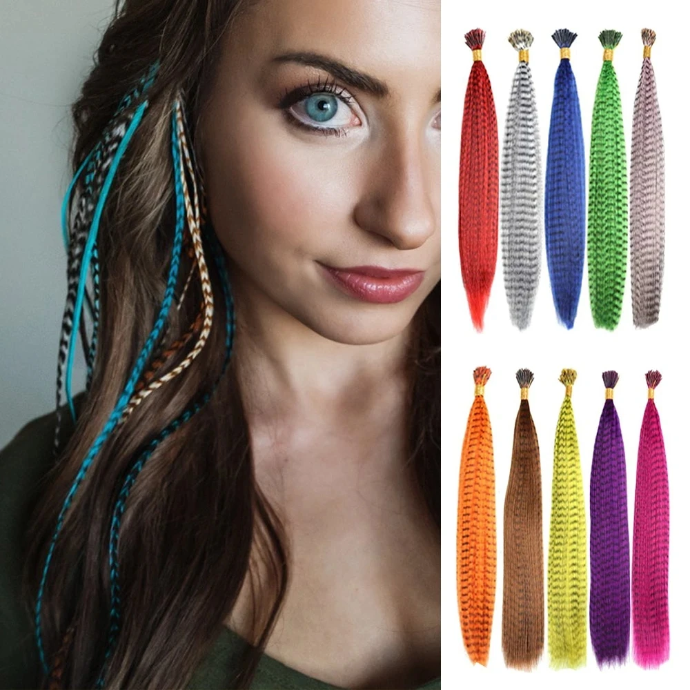 Fake Hair Colored Strands Of Feather Hairpiece False Rainbow Overhead Fake Coloring Feather Hair Synthetic synthetic ponytail rainbow hairpiece extensions false hair overhead tail with rubber elastic band braiding hair pigtail