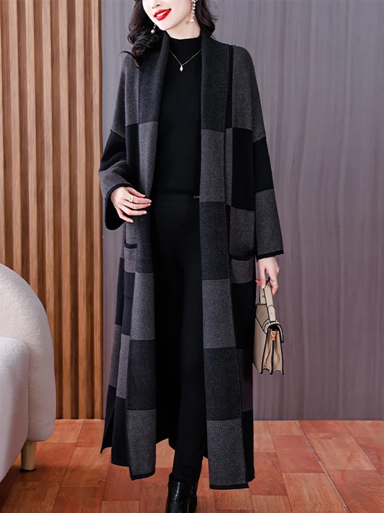 باركا نسائية عتيقة قصرية محبوكة من الصوف ، سترات طويلة فضفاضة دافئة سميكة ، خندق كوري أنيق ، خريف ، شتاء ، جديد ،