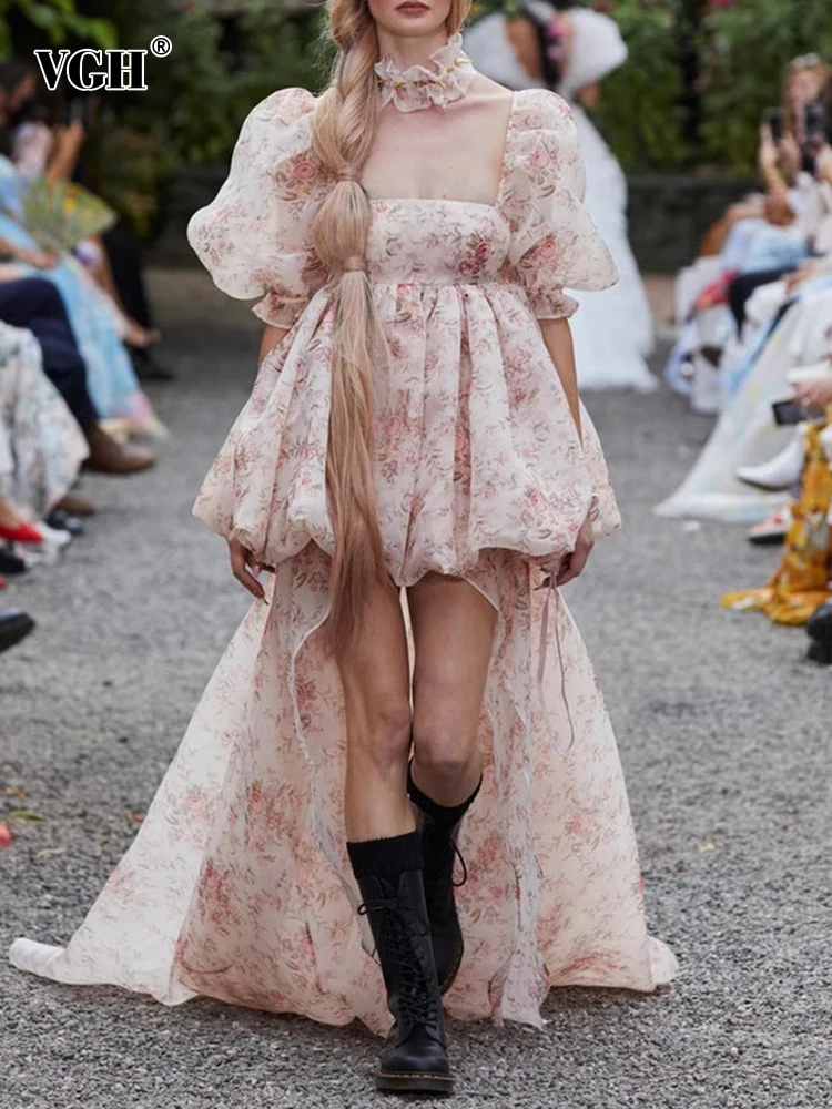 

VGH Print Mesh Dresses For Women Square Collar Puff Sleeve Backless High Waist Detachable Hem Sweet Dress Female Summer Clothing