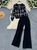 Basics Print Knit Two Pieces Sets Autumn Winter Single Breasted Cardigan+Wide Leg Long Pants Fashion Streetwear Suits 2